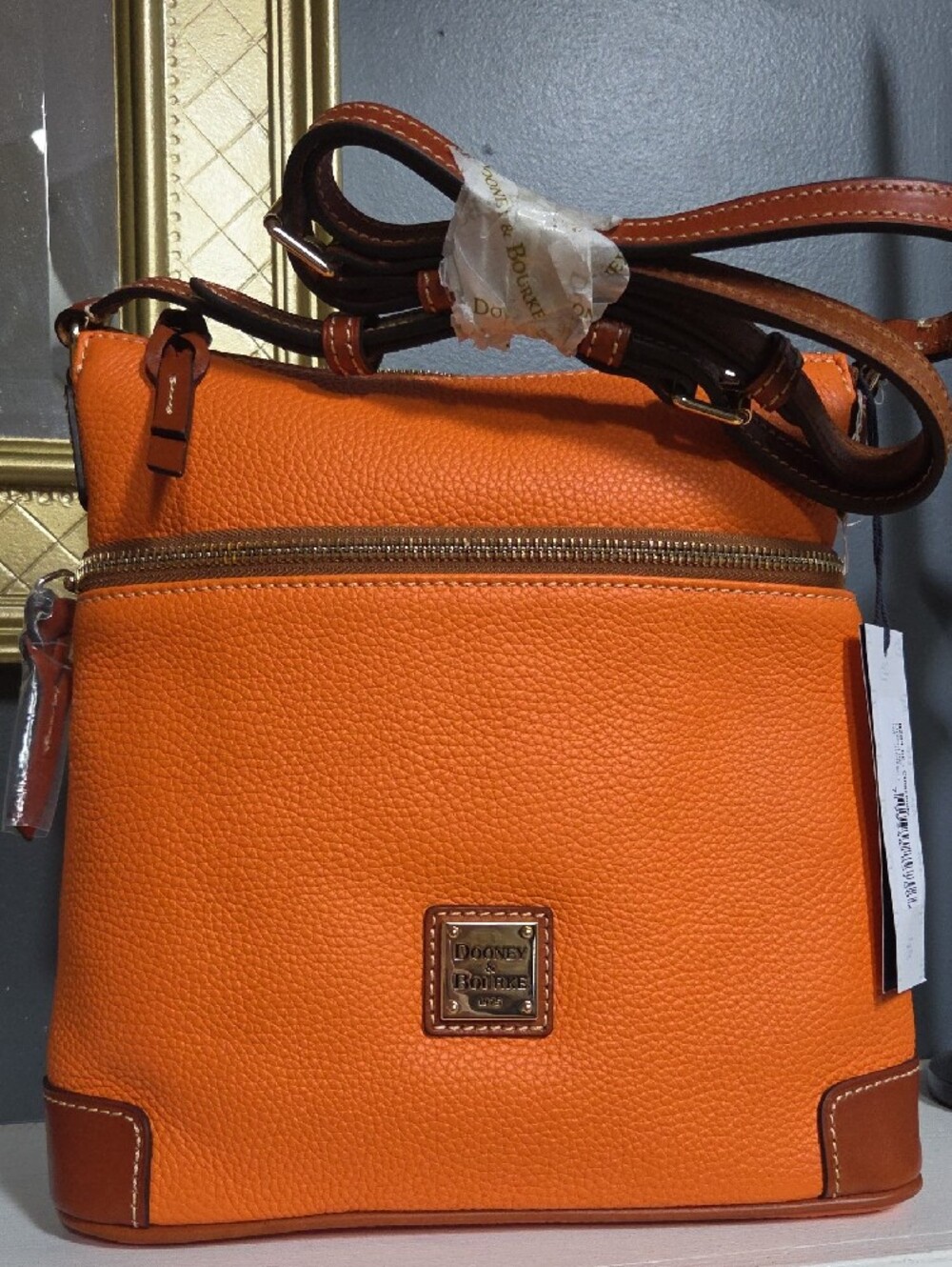Dooney & Bourke Orange Pebble Leather Crossbody with Brown Trim